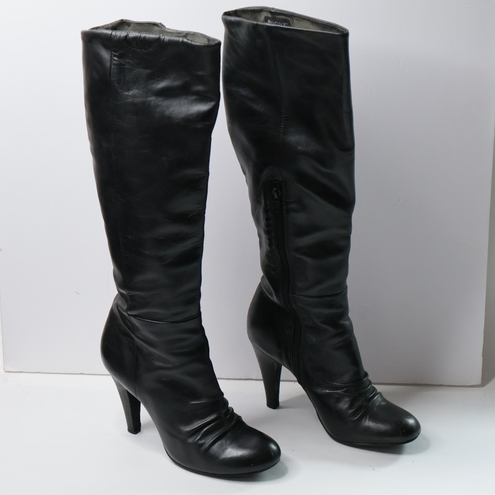 Bronx Black Leather Tall Heeled Boots Size 40 Ruched Round Toe Side Zip Sleek